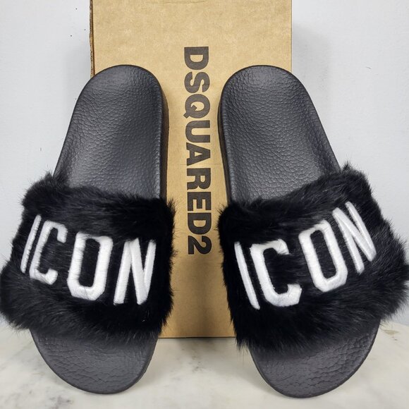 NWB~$825~DSQUARED2~8/8.5~ICON BLACK WHITE GENUINE RABBIT FUR SANDALS SLIDES - Picture 15 of 16